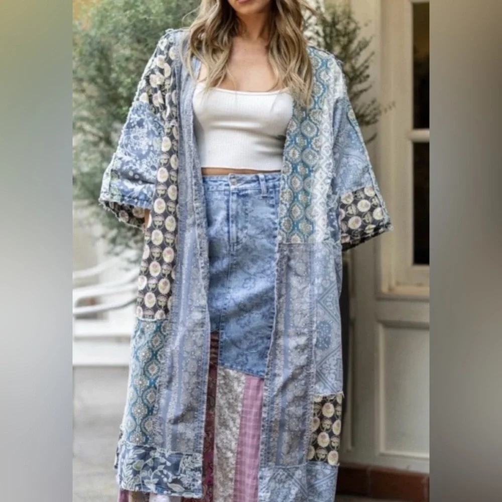 NWT Blue Velvet Floral Patchwork Duster Sz S/M - Picture 1 of 3